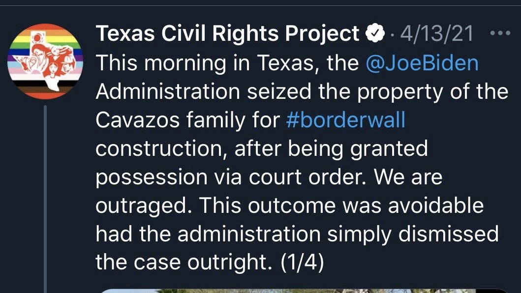 Biden hasn't even kept his promise to stop building Trump's border wall. Instead, he has continued seizing people's land for construction. 24/