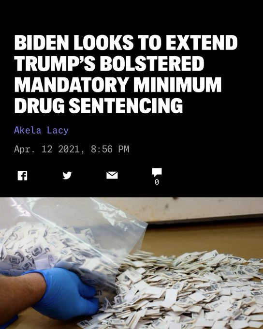 After working with leading segregationist Strom Thurmond to pass racist mandatory minimum sentences for drug offenses in the '80s, Biden won votes for President by promising to eliminate them.But now in office, he's pushing to extend Trump's even more extreme version. 27/