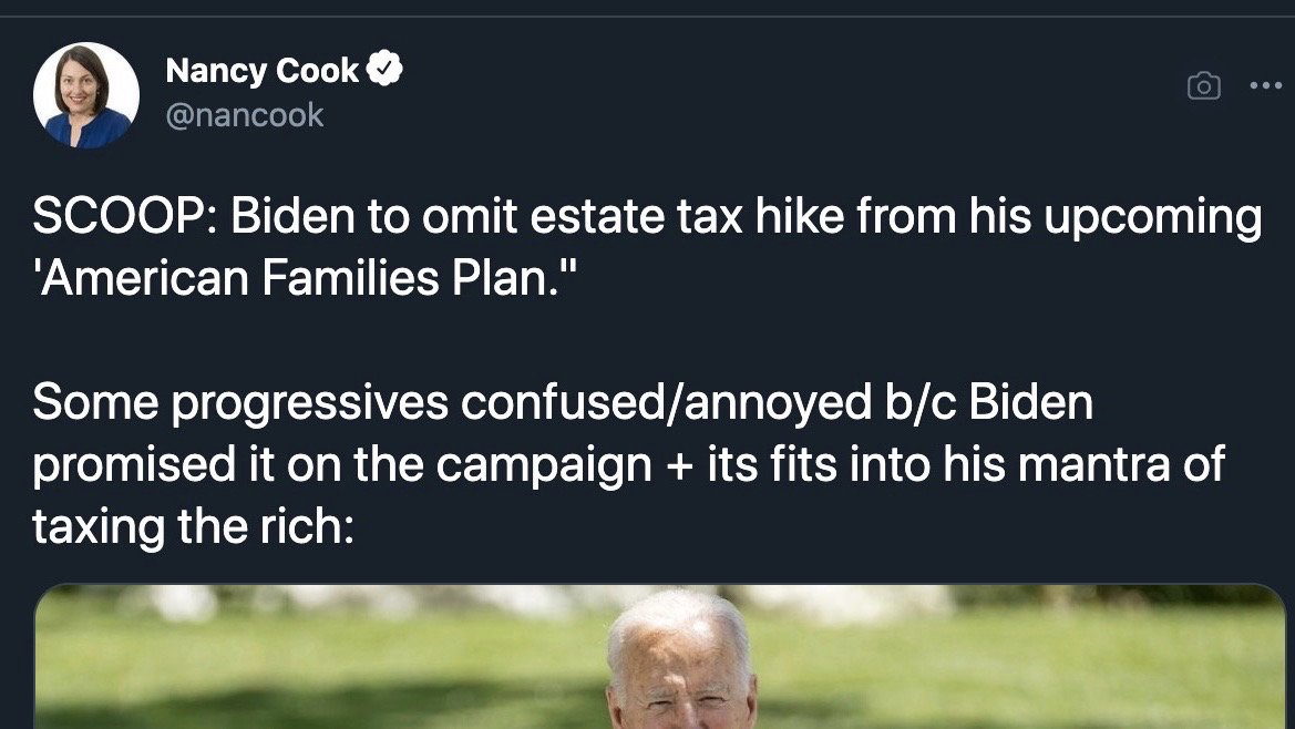 Biden promised to "eliminate" Trump's tax cuts for the rich, but now he's largely preserving them.Biden also abandoned his pledge to increase the estate tax, and he's proposing a conservative top marginal tax rate that's lower than it was for the majority of modern history. 29/