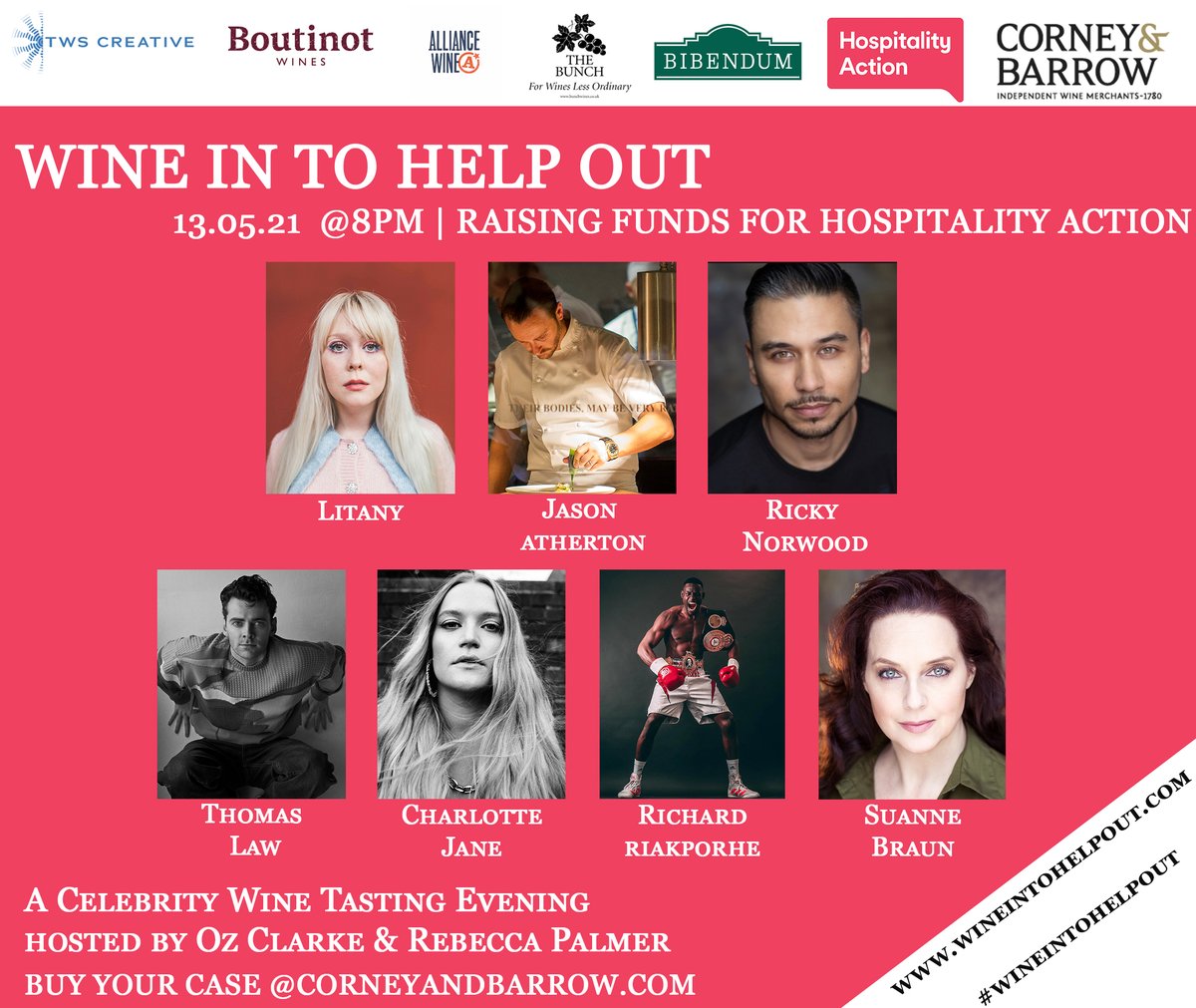 corneyandbarrow's tweet photo. Join us on Thursday 13th May for a virtual tasting to help raise funds for ‘Hospitality Action’, a leading charity supporting the hospitality sector. Thank you to all our celebrity guests who will join in! 
https://t.co/1QBT630xE0 https://t.co/jAg9Ycjyrv