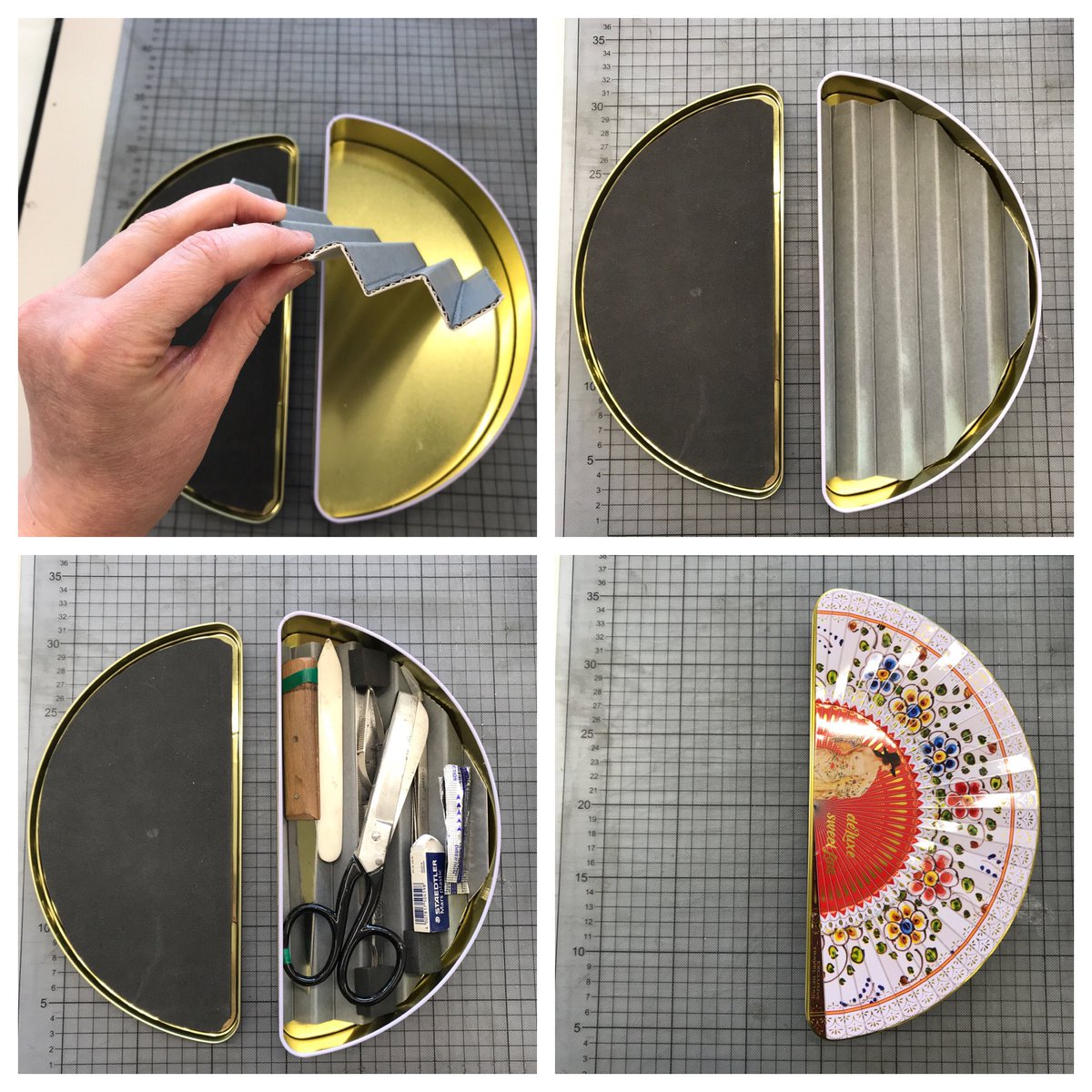 wyorksarchives's tweet photo. I made myself a little folded corrugated board insert for this cute tin and now I have all my #conservationtools portable and organized! I lined the lid with a foam scrap as well to keep things in place. Not collection work but still fun! https://t.co/EQ8RbAB9pI