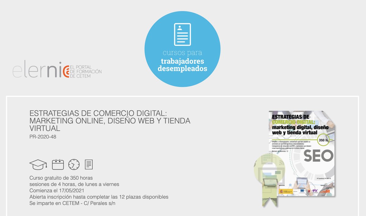 Aún quedan plazas para este curso de #MarketingDigital para desempleados que impartimos en <a href="/CETEM_CT/">CETEM</a>. Yo estaré al frente del módulo de #SocialMedia Marketing. ¡Os espero!

👉 bit.ly/3gPgwll