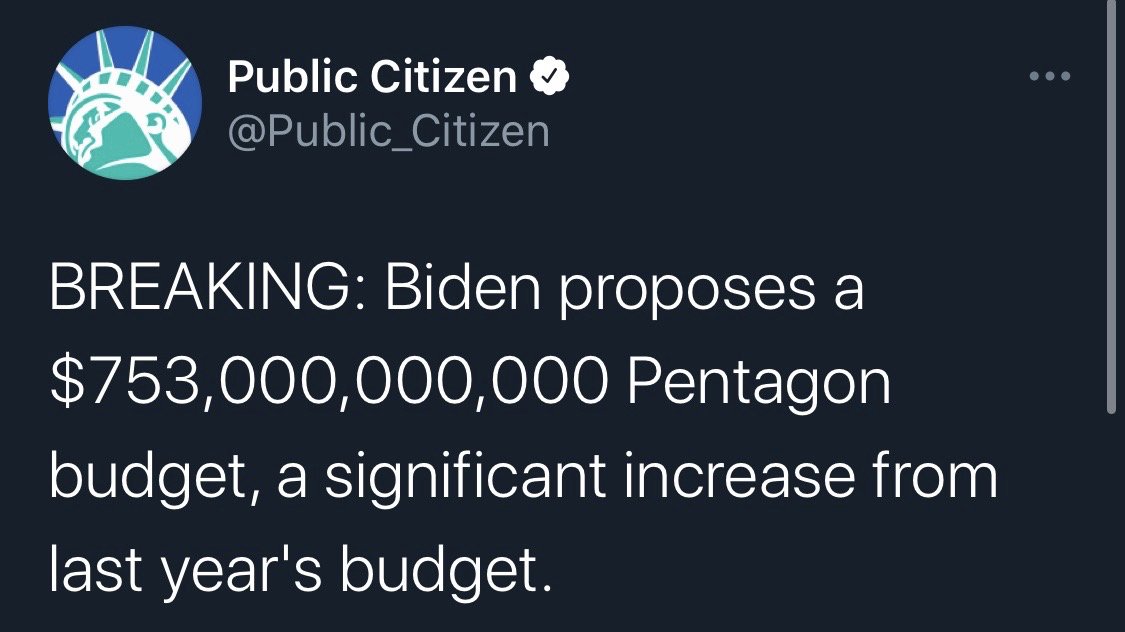 The US was already spending more on war than the next 10 nations combined.Now Biden's chosen the director of an arms manufacturer to be defense secretary, and is even demanding $21,000,000,000 more than Trump's bloated military budget. 31/