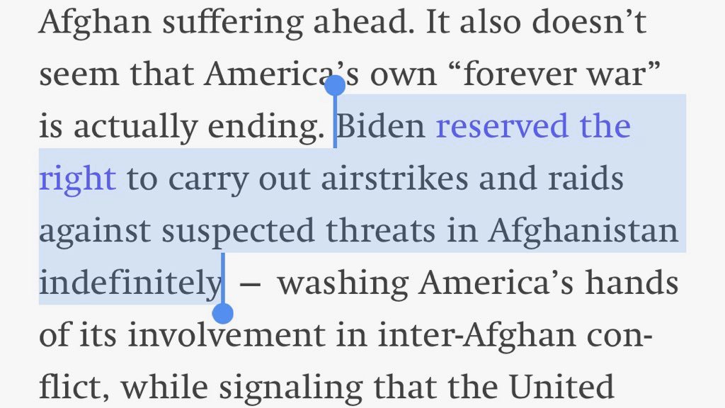 Biden once cheered deploying "badasses" to "shoot and kill people" in Afghanistan. Then he vowed to leave in 2014.Now he says he'll withdraw official troops by 9/11, but continue fighting through private contractors and airstrikes, while he also expands the war in Iraq. 33/