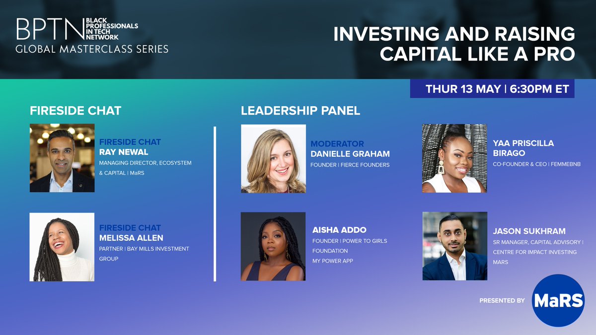 Calling all entrepreneurs: learn how to invest and raise capital like a pro! Join us on May 13 at 6:30 pm for a Masterclass fireside chat + panel w/ entrepreneurs & investing experts, presented by @MaRSDD: onlinexperiences.com/Launch/QReg/Sh… #VentureCapital #BlackTechTwitter #investing