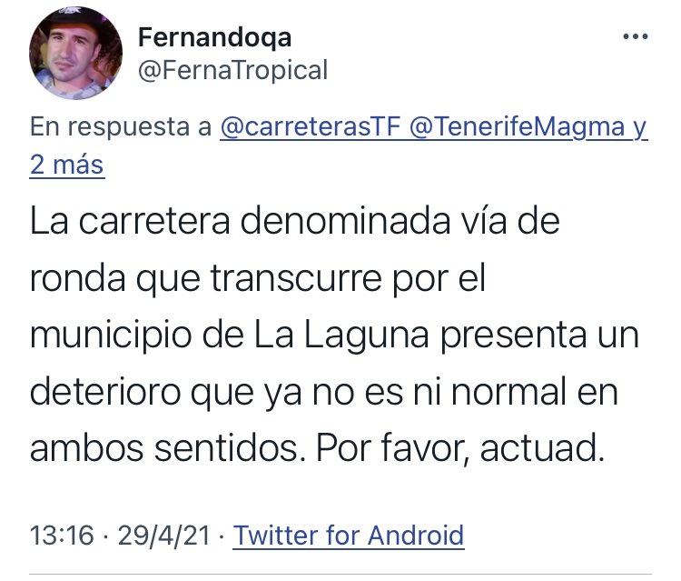 TenerifeVial's tweet photo. No cesan las quejas de los usuarios por el mal estado de la #TF13 #ViaDeRonda #LaLaguna https://t.co/YpzYxOi117