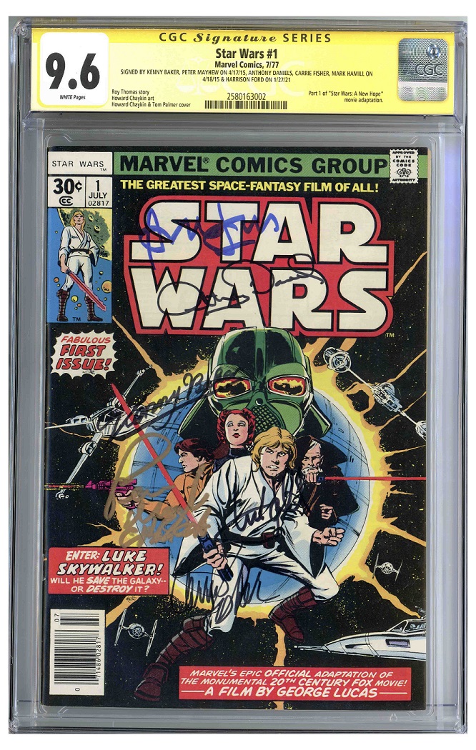 Star Wars #1 signed by the film's cast (@HamillHimself, Carrie Fisher, Harrison Ford, Peter Mayhew, Anthony Daniels & Kenny Baker) will be auctioned off on 4/29. The comic, graded 9.6, has an minimum bid of $15K.  #StarWars @Marvel #Marvel #comics #marvelcomics #TheBadBatch https://t.co/d0I819XSOo