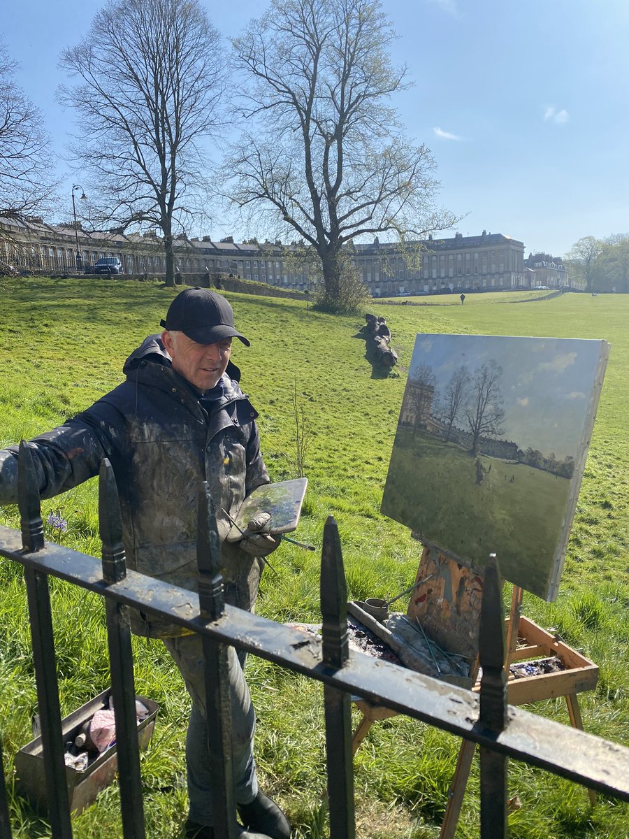 thercsbath's tweet image. Local Bath artist Peter Brown (‘Pete the Street’) spotted at work painting Royal Crescent bathed in early morning spring sunshine and looking spectacular looking out across its open green setting. I think this one might be sold before the paint’s even dry! @Petethestreet1