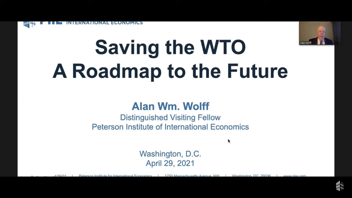NOW: Alan Wm. Wolff discusses his decidedly positive view of the WTO’s future, saying that though what we have in the trading system is of great value does not make it sufficient. This is a time of testing for the WTO.Watch live & follow this thread:  https://www.piie.com/events/future-wto