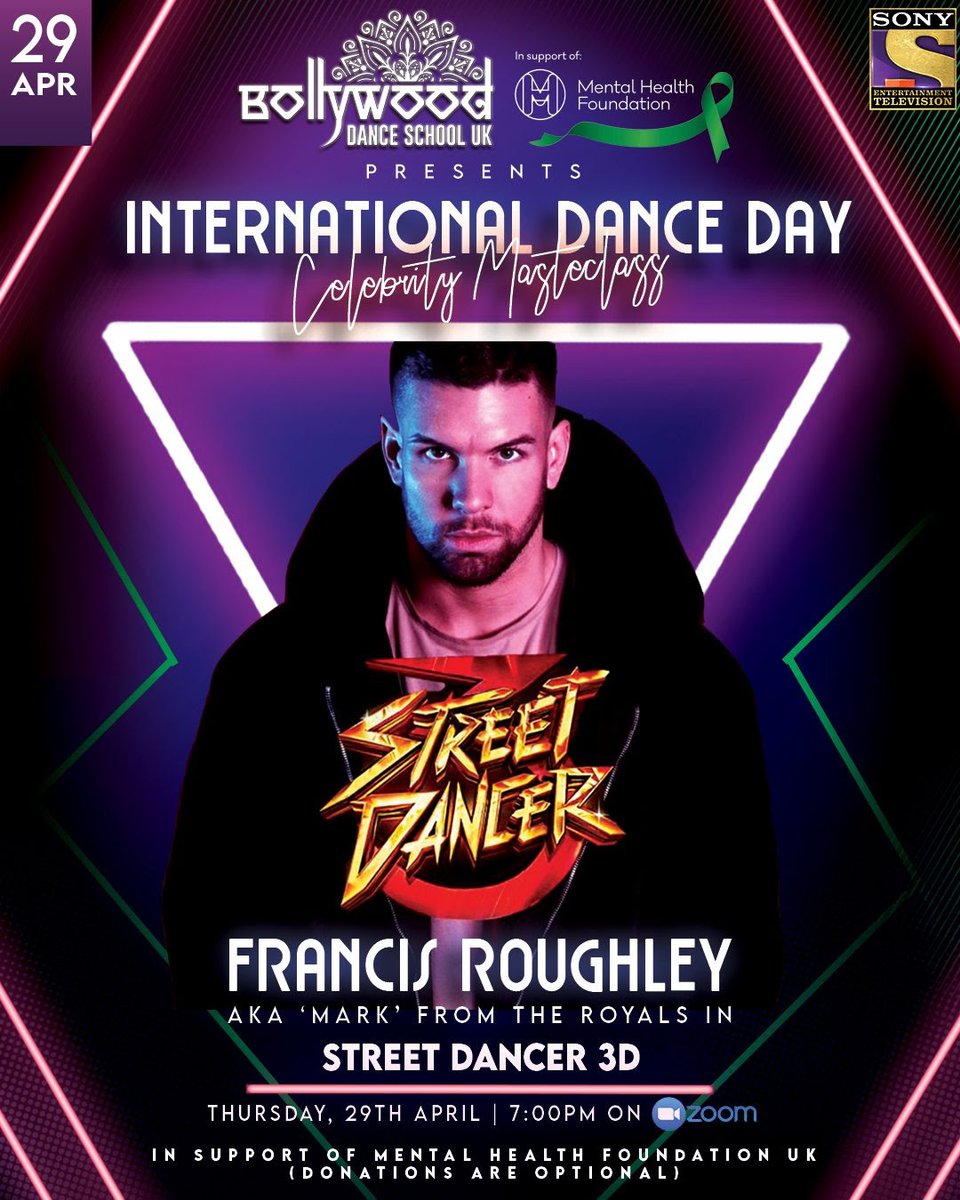 This #InternationalDanceDay, Bollywood Dance School UK have organised a Celebrity Masterclass w/ actor/dancer <a href="/FRANCISROUGHLEY/">Francis T Roughley</a>; famed from the #Bollywood movie #StreetDancer3. The workshop's free though donations encouraged as its supporting <a href="/mentalhealth/">Mental Health Foundation</a> justgiving.com/fundraising/bo…