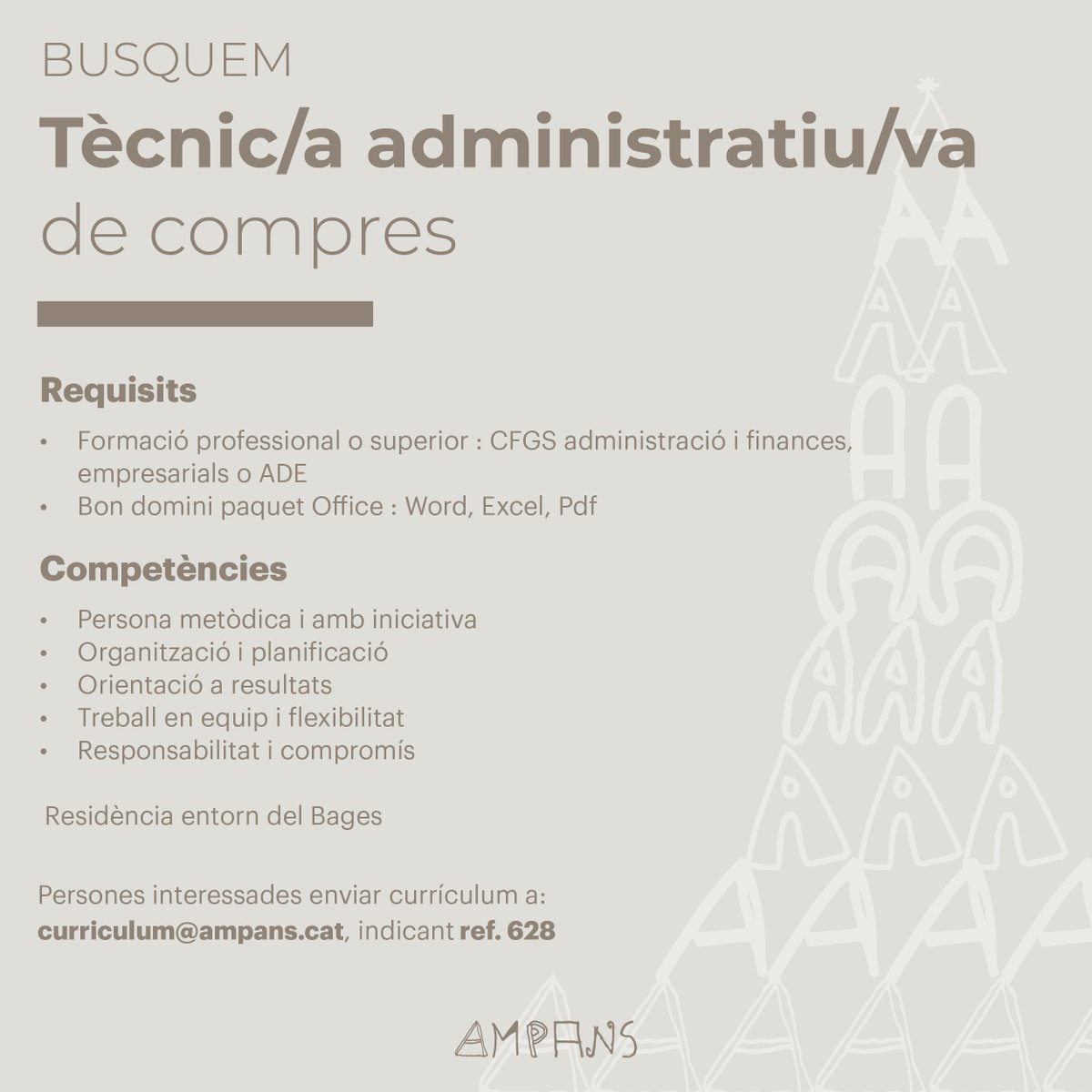 AMPANS (@ampans) on Twitter photo Vine a treballar amb nosaltres! 👏
Busquem tècnic/a administratiu/va de compres; una persona organitzada, responsable i disposada a comprometre's amb el nostre gran projecte.
Envia'ns el teu CV a curriculum@ampans.cat indicant ref. 628 #feina Vine a treballar amb nosaltres! 👏
Busquem tècnic/a administratiu/va de compres; una persona organitzada, responsable i disposada a comprometre's amb el nostre gran projecte.
Envia'ns el teu CV a curriculum@ampans.cat indicant ref. 628 #feina