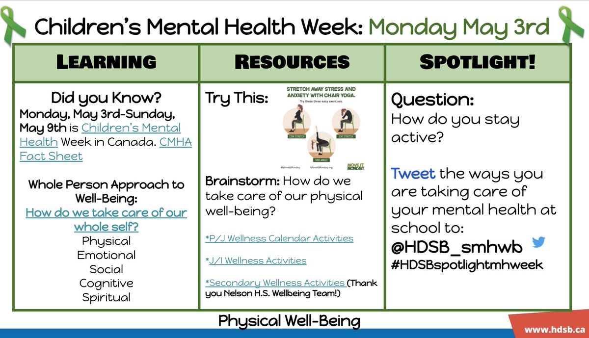 May 3-9 is Mental Health Week in Canada! Supporting the mental health and well-being of our students goes far beyond one week. Next week, SPOTLIGHT student mental health and well-being in our schools. Check out the Slide a Day resource! Tweet <a href="/HDSB_smhwb/">HDSB student mental health and well-being</a> #HDSBspotlightmhweek