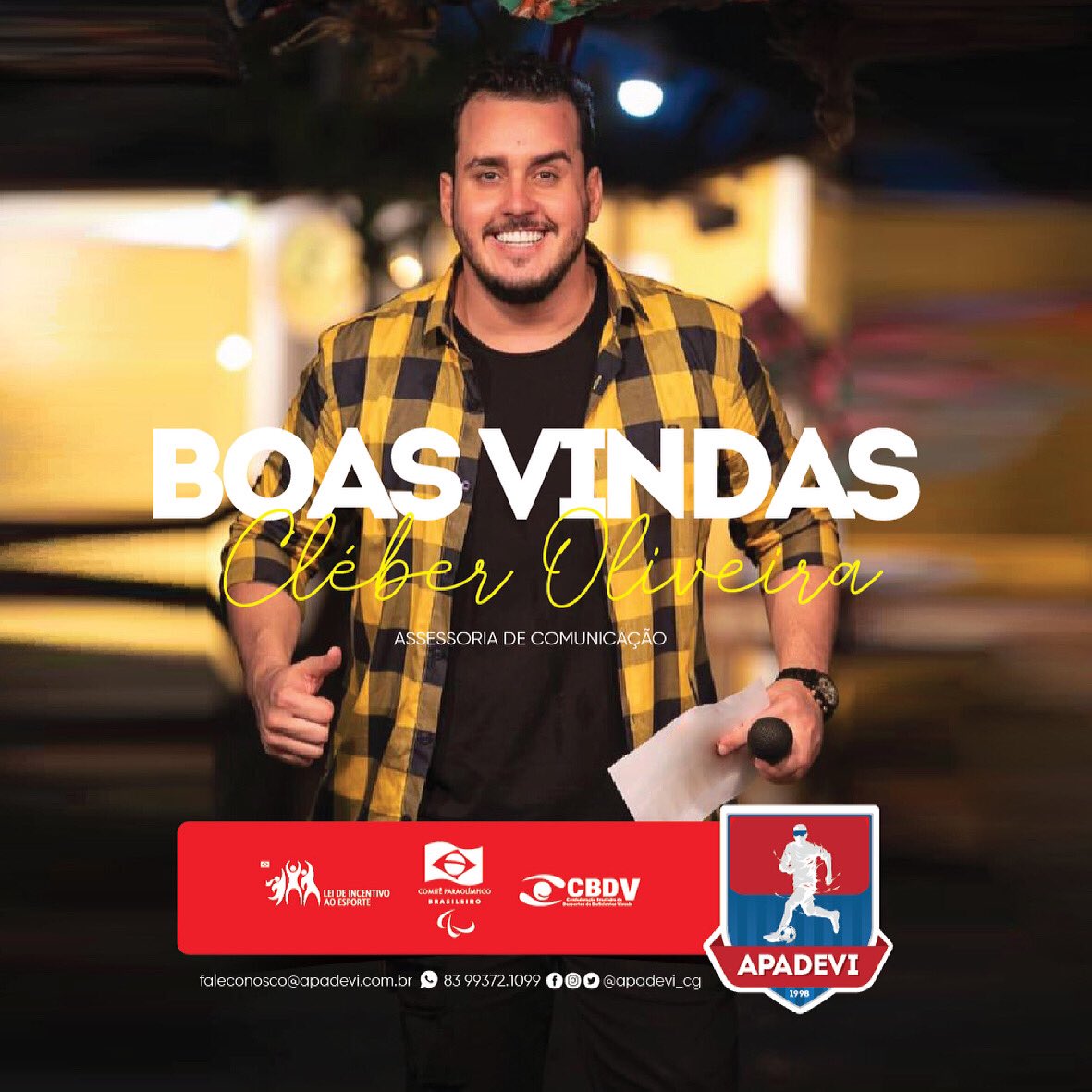 apadevi_cg's tweet photo. O @cleberoliveiratv , do grupo @f5.comunicacao , é o novo parceiro da Apadevi Futebol para Cegos! Fiquem ligados em nossas redes sociais que teremos muitas novidades durante a pré-temporada! Aguardem... https://t.co/fpWvtjtaFp