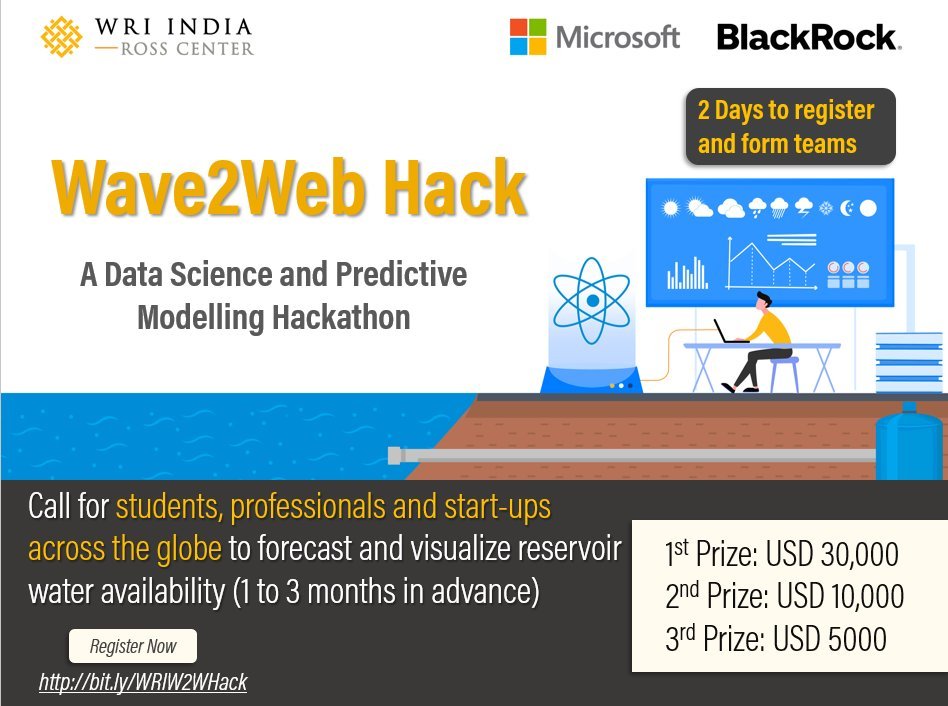 WRIAqueduct's tweet photo. We're looking for #coders, #developers, #datascientists, & #UX/#UI designers to help us produce a tool to #forecast real-time water availability in #reservoirs!
#Wave2WebHack is hosted by @WRICitiesIndia & us, with support from @Microsoft & @blackrock: https://t.co/ETuy0enewn https://t.co/tQ35yH4Ve8