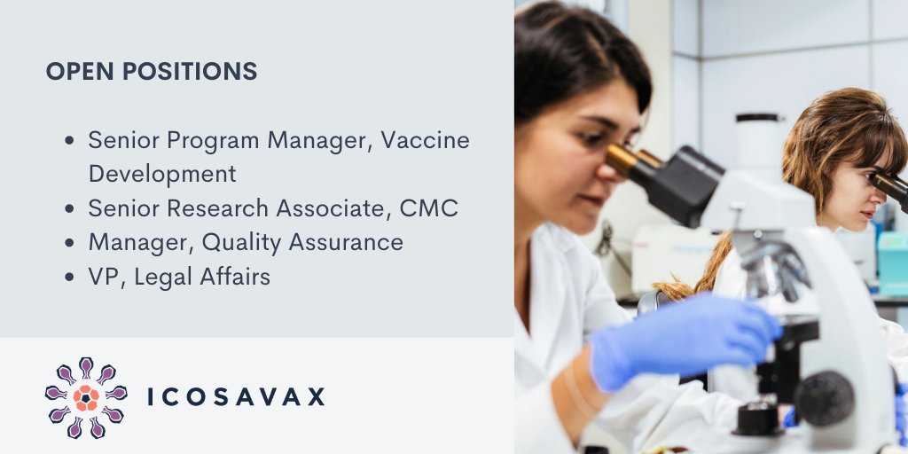 We just posted two new #job openings! If you are passionate about #globalhealth and experienced in #vaccine development, check out our #careers page: icosavax.com/careers/ #Seattle #COVID19 #RSV #respiratory #biotech #jobs #hiring #career #nowhiring #recruitment #recruiting