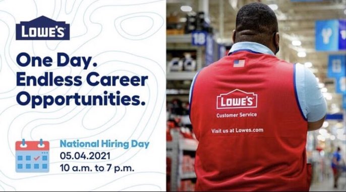 National Hiring Day is coming!! Visit your local Lowe’s store on 5/4 to begin your journey with us.
#hiring #jobs #career <a href="/BerksCareerLink/">Berks PA CareerLink</a> <a href="/MontcoPA/">hi montco dps</a> <a href="/PACareerLinkCC/">PA CareerLink Chesco</a>