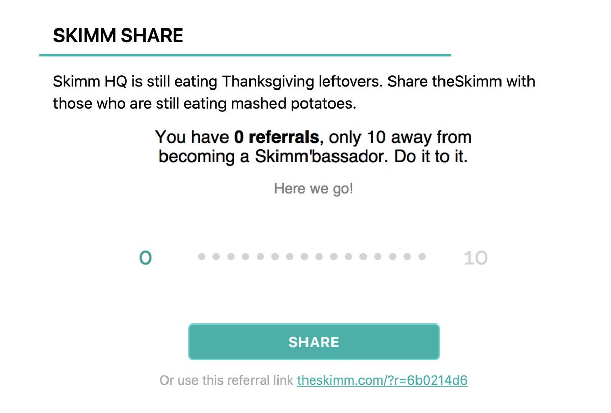 5/ A dedicated referral sectionYes, larger newsletters have sophisticated tracking and prizes for referring signups, BUT smaller publisher shouldn't sleep on this.Just ASK your readers to share.Make 'em feel special. Examples:  @TrapitalMedia  @thehustle  @theskimm