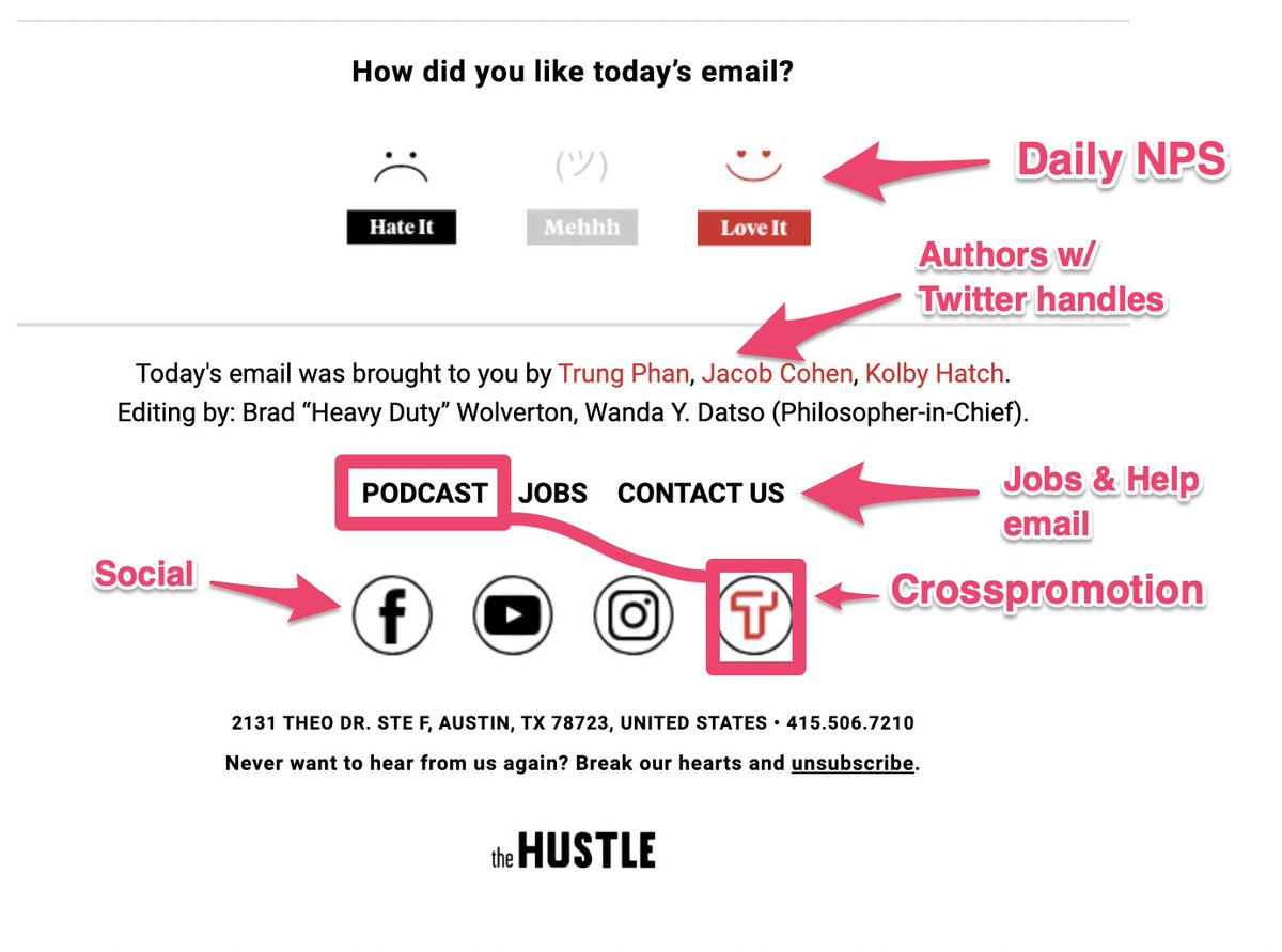 6/ The FooterThis is the bottom of the email, and often forgotten. BUT there’s tons you can do. These get low volume clicks, but they're HIGH value. @Morningbrew has always done a good job using this space. Compare that to  @thehustle with our daily NPS survey.