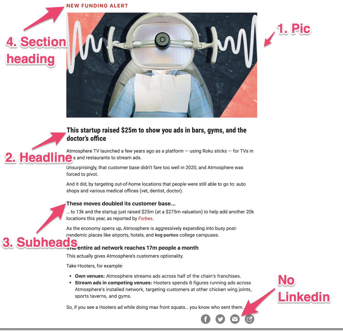 2/Brief - The actual content of your emailRemember, it's all about skimmin' Needs: Section Heading - (next tweet details) Eye-catching graphic Headline Subheads <4 lines of text in a paragraph Share buttonsEyes scan from pic to headlines, use that.