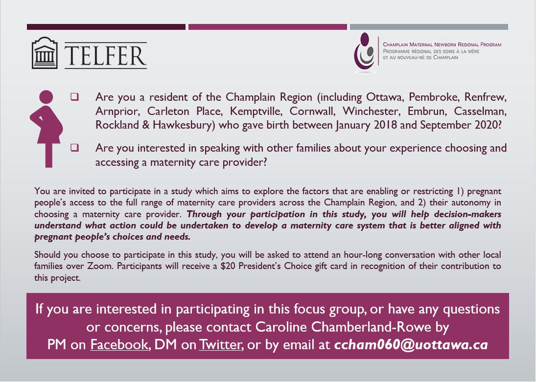 Did you give birth in the Champlain Region between January 2018 and September 2020?

Please share your experiences in choosing and accessing a maternity care provider with our team by participating in a focus group discussion with other local families.