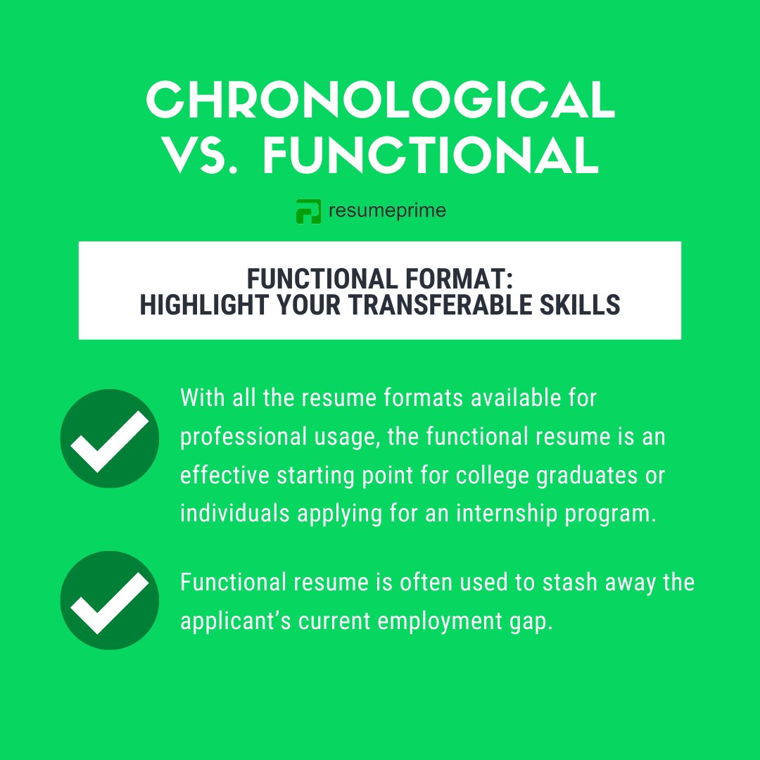 resumeprime's tweet image. Choosing the best resume format is key to job hunt success. Know the difference between chronological and functional resume formats. #contentchecker #resumeformat #jobsuccess #jobadvice #careergoals #entrylevel #professionalresume #resumeprime #chronology #resumeskills