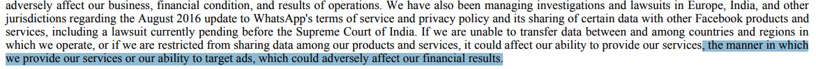 The only reference which indicates *any* regulatory risk is a pending litigation in the Supreme Court. Notice how they term it may impact, "our ability to target ads". (Disclosure : IFF is an intervenor in this case). 5/n