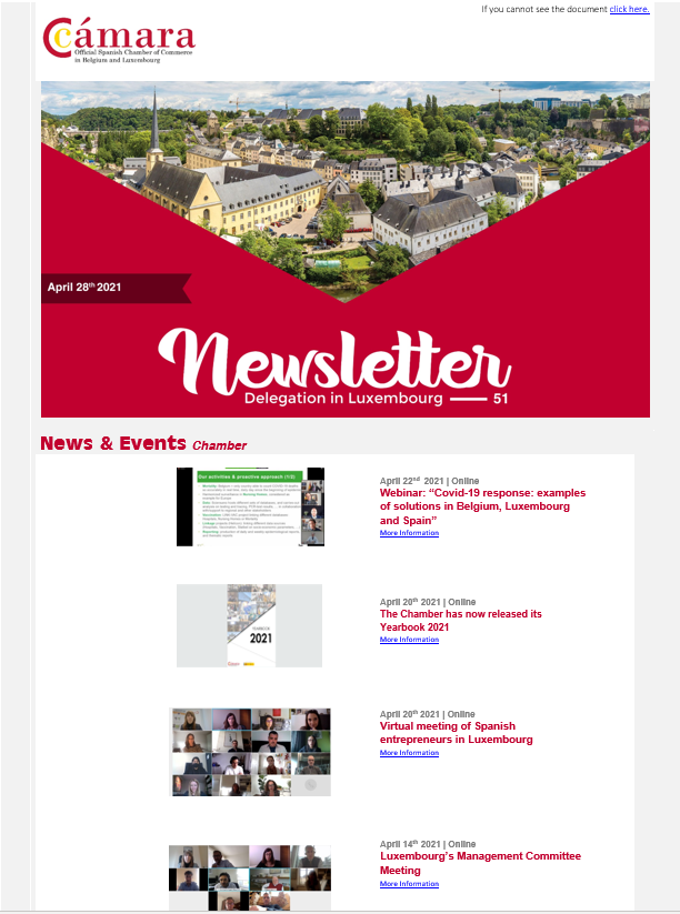 CamaraBelux's tweet photo. 📢 Our Luxembourg #Newsletter is now available! 📩

✅ Last news, activities, cultural partnerships... Subscribe to find out about all the activities of the Chamber!

⏩ Read the full edition here 👉https://t.co/LxsgBvlHsF https://t.co/dQjpdEejPY