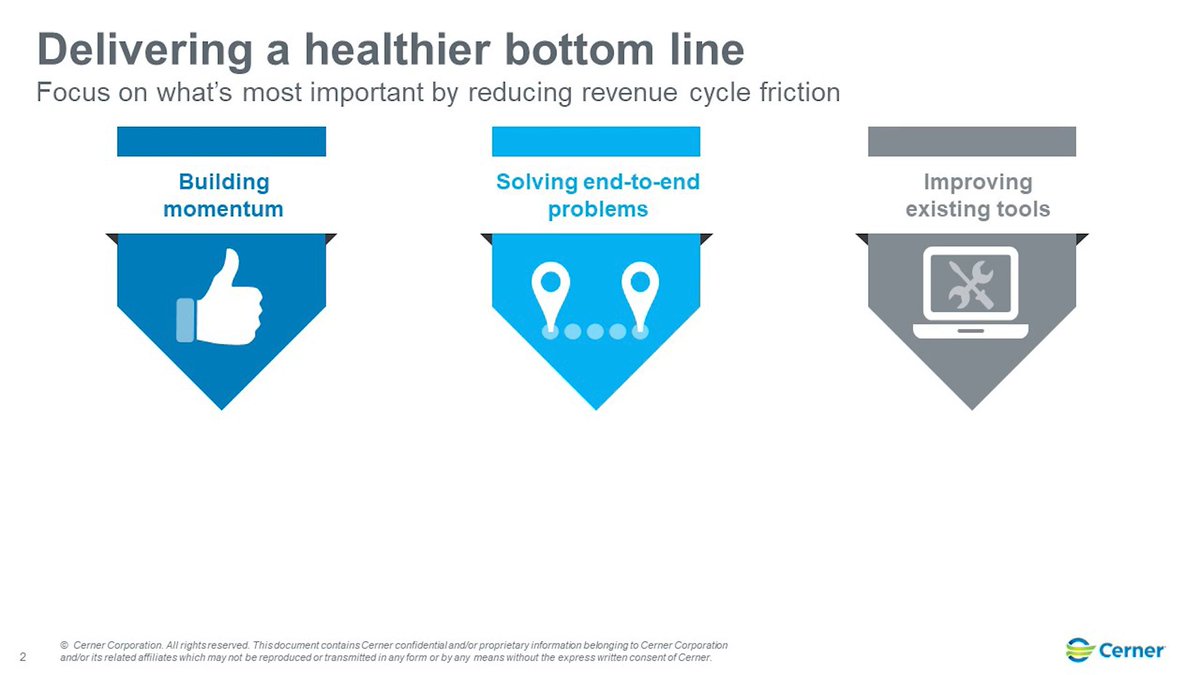 To deliver a healthier bottom line, Cerner is focused on three key areas:
1.Building momentum
2.Solving end-to-end problems
3.Improving existing tools

#CernerHealthForum21