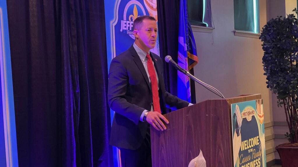 doelouisiana's tweet photo. .@cadebrumley, @BESE_LA & LDOE staff joining this morning’s @JPschools #CareerReadyJP Breakfast. Sharing how #FastForwardLA & career education helps ensure all graduates are ready for their next step. #LouisianaBelieves #LaEd https://t.co/YJUbxL6LGq