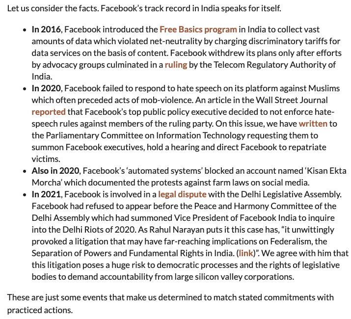 Now, let us look at why, we in India should *not* take any actions by Facebook on face value. It's past conduct simply does not inspire confidence. (Source : IFF's Analysis) 6/n  https://internetfreedom.in/facebook-human-rights-policy/