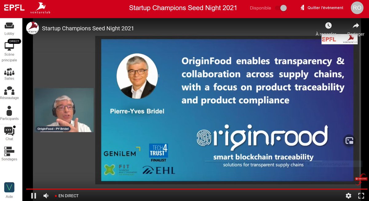 Innovaud's tweet photo. Now pitching at the @EPFL Champion #SeedNight, @originfood supported by @innovaud | Smart #blockchain #traceability and solutions for transparent supply chains #foodTech # VDtech #innovation @venturelab_ch @epflalumni https://t.co/5tEcQM3om9