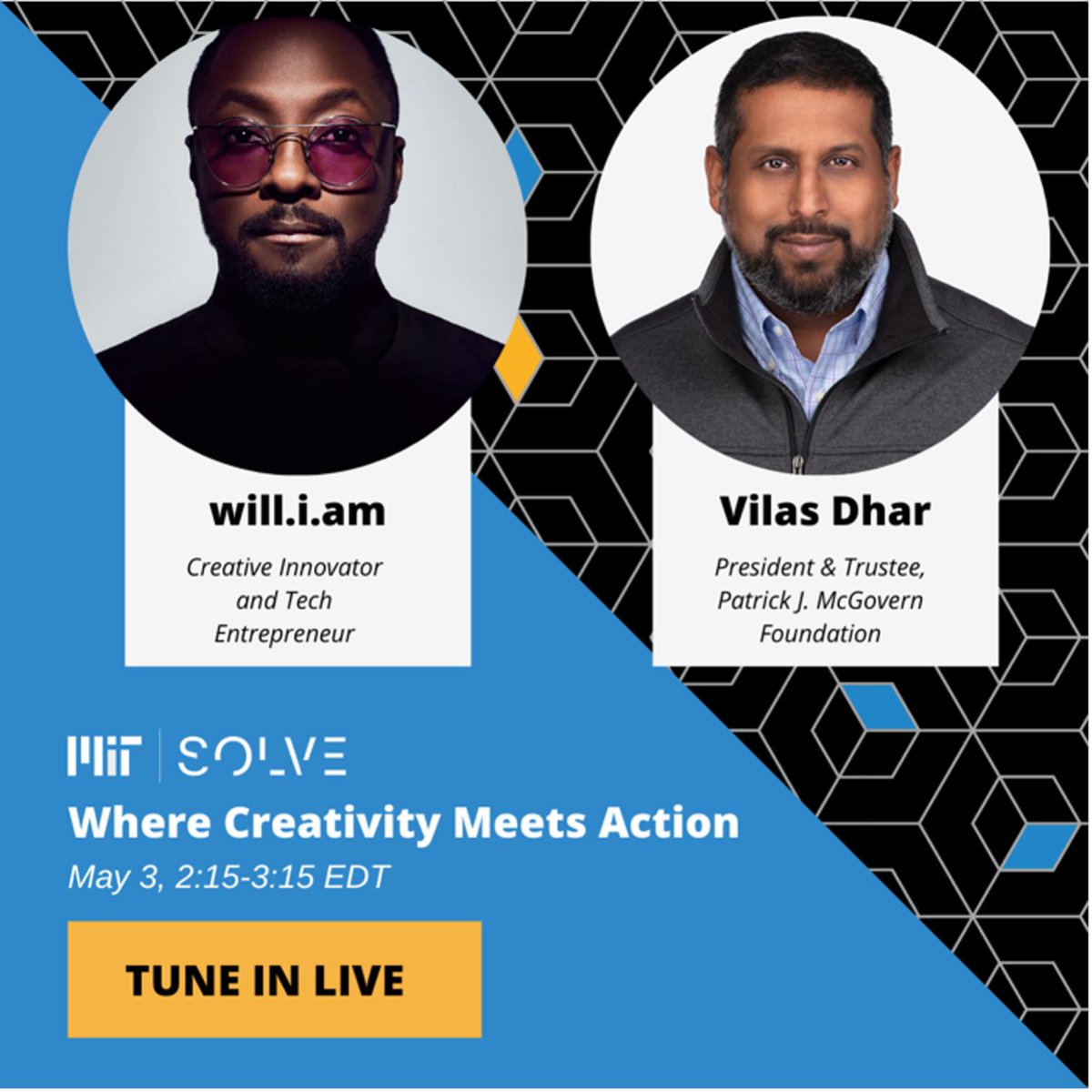 On May 3rd @ 2:15 pm EST, <a href="/vilasdhar/">Vilas Dhar</a> will be with <a href="/iamwill/">will.i.am</a> and <a href="/MIT/">Massachusetts Institute of Technology (MIT)</a>  prez Rafael Reif at <a href="/SolveMIT/">MITSolve</a>  for “Where Creativity Meets Action.” They'll discuss the intersection of art and #tech, bias in #AI, #STEAM, and more. You can stream by signing up here: zcu.io/8Y3u