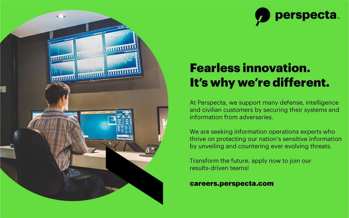 Perspecta's tweet image. At Perspecta, we use our expertise in cybersecurity, cloud computing, advanced analytics, systems engineering and emerging technologies to create innovative solutions to solve our nation’s most pressing challenges. Join our team! Apply today: bit.ly/32WXOjR

#Hiring