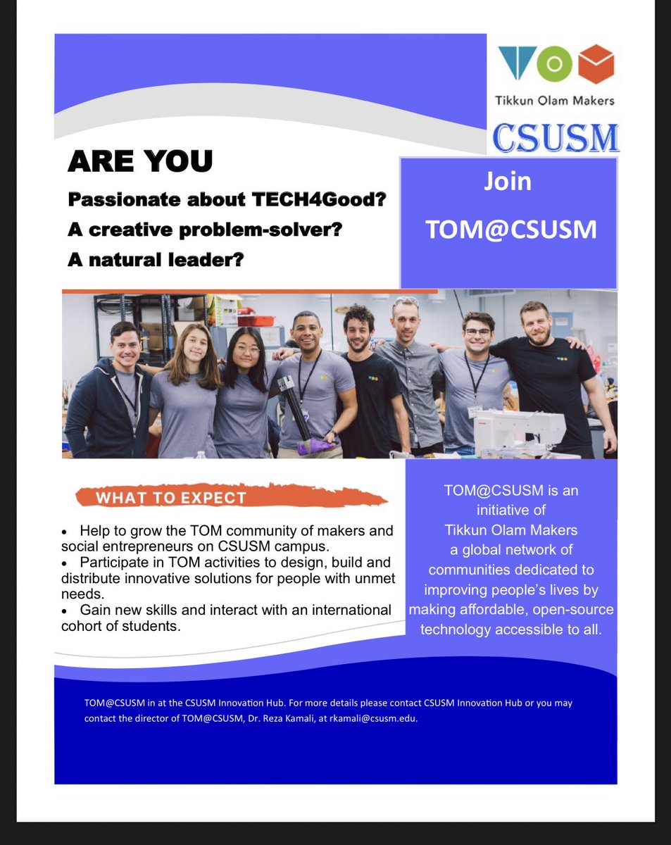 CSUSM Innovation Hub (@csusm_hub) on Twitter photo Hello Cougars! TOM@CSUSM has a great opportunity for student! If you’re a student who loves to design, build, and think creatively then you need to join TOM@CSUSM! For more info you can visit the link in our bio or email rkamali@csusm.edu #csusm #csusminnovationhub #csusmtomford Hello Cougars! TOM@CSUSM has a great opportunity for student! If you’re a student who loves to design, build, and think creatively then you need to join TOM@CSUSM! For more info you can visit the link in our bio or email rkamali@csusm.edu #csusm #csusminnovationhub #csusmtomford