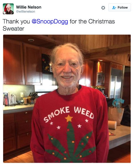 Oh wait, not "finally". One more. Here is the greatest moment in Twitter history. Happy 88th, Willie Nelson!