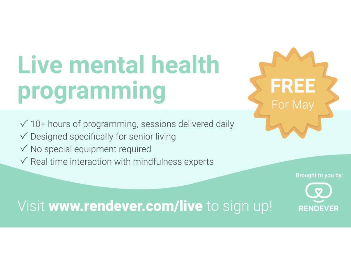 Celebrate #mentalhealthawareness month with us at 
<a href="/rendeverhealth/">Rendever</a> throughout May! We're providing live mindfulness sessions every weekday to ALL senior living communities for free! Learn more &amp; sign up at rendever.com/live