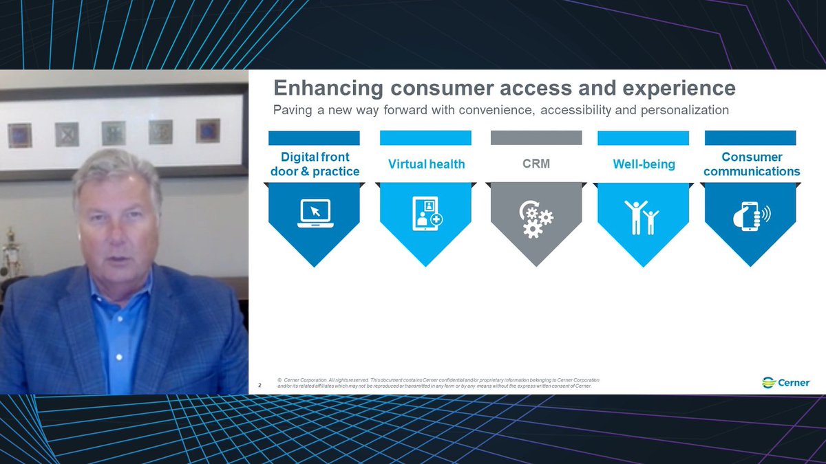 “At #CernerHealthForum21, we're going to talk about what Cerner is doing in these five areas to allow our clients to build these enduring relationships with their patients:
1. Digital front door &amp; practice
2. Virtual health
3. CRM
4. Well-being
5. Consumer communications”