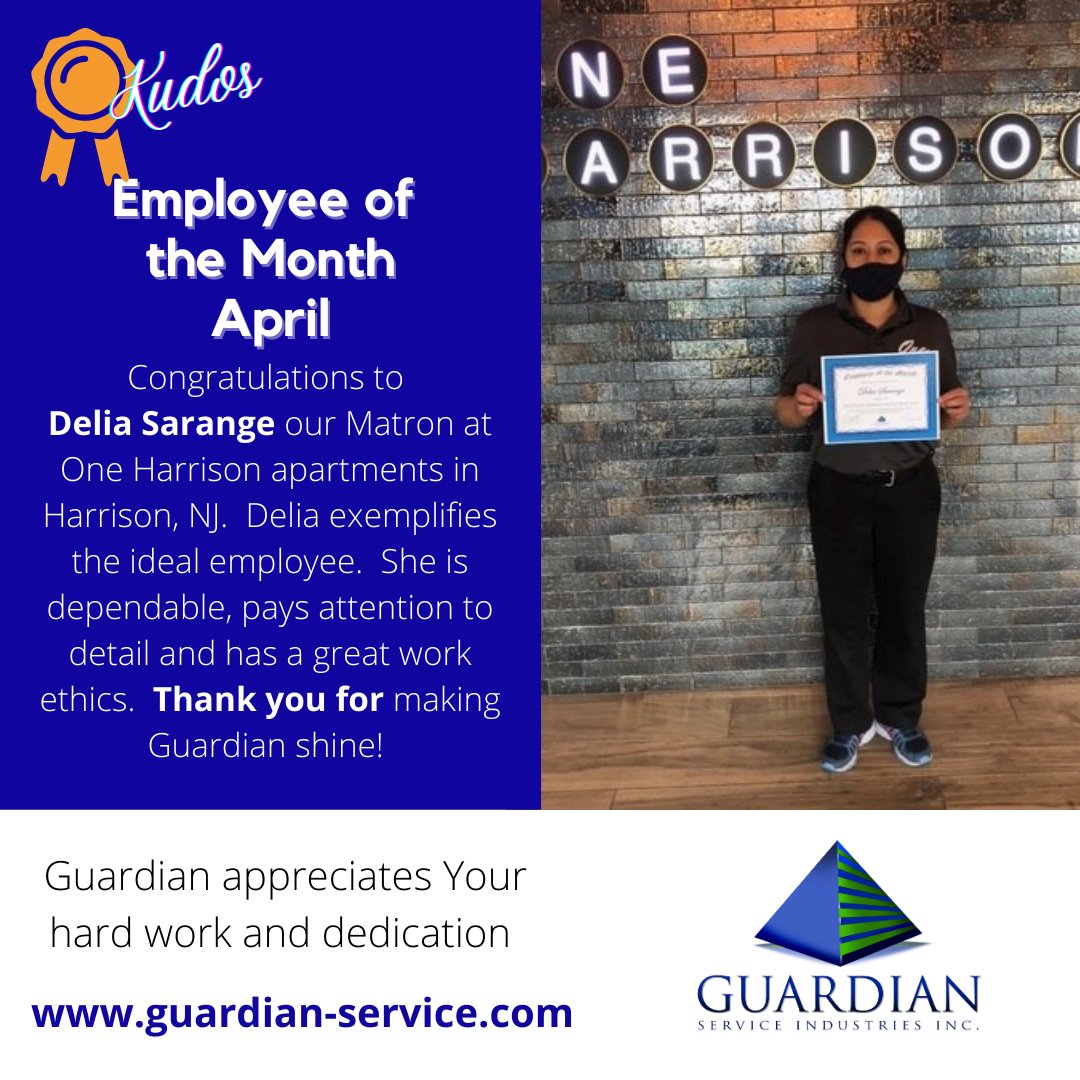 Congratulations Delia you’ve been recognized as one of our outstanding employees!  Thank you for taking pride in your work. #matronservices #porterservices #janitorial #guardiancares #employeesthatcare #faciltyservices 
#residentialservices guardian-service.com