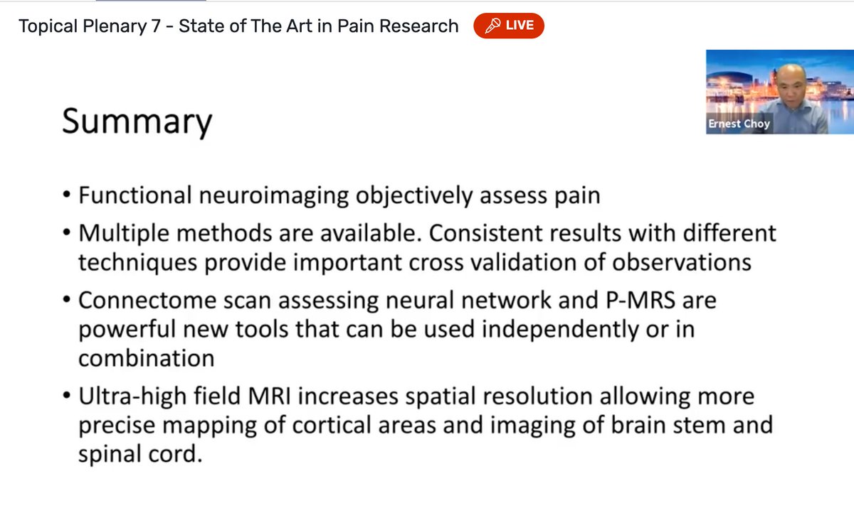 draleiva's tweet image. New developments in imaging for pain. Prof. Ernest Choy summarising his presentation in #BPSASM2021