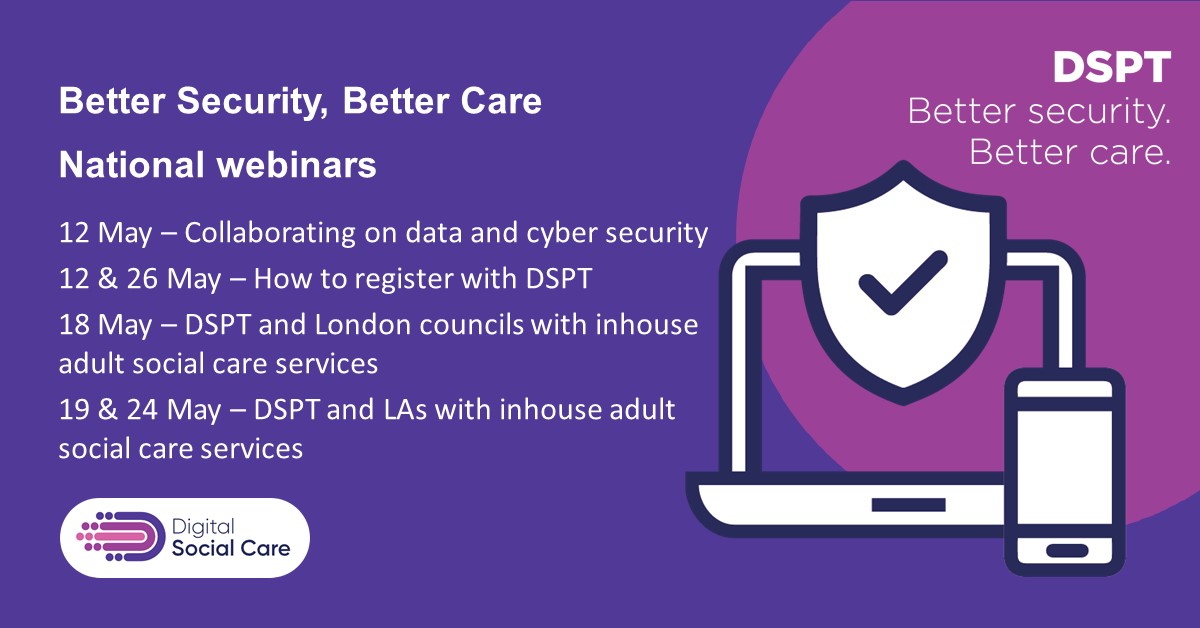 Join our #BetterSecurityBetterCare webinars to find out more about support on #dataprotection &amp; #cybersecurity in adult social care. 
👉 digitalsocialcare.co.uk/events/
<a href="/skillsforcare/">Skills for Care</a> <a href="/SCIE_socialcare/">SCIE</a> <a href="/CareEngDigital/">CareEnglandDigital</a> <a href="/NCFCareForum/">National Care Forum</a> @RNHA_DUrsell <a href="/NationalCareAsc/">NationalCareAsc</a> @CareAssoc <a href="/VODGmembership/">V O D G</a>