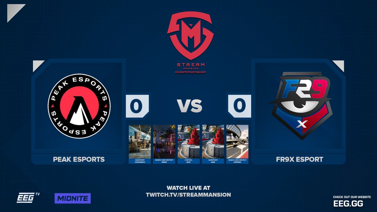 The <a href="/StreamMansion/">Stream Mansion</a> €1,000 Championship: Call of Duty Edition - Winners Bracket Round 1
 
🇬🇧 <a href="/Peak_Home/">Peak Esports</a> vs @FR9xEsport 🇫🇷 

Tune in live at 18:00 BST:

📺 twitch.tv/eegtvnetwork

Casted by <a href="/Rayless_AK/">Rayless</a> &amp; @ConnyEU 🎙️

Partnered with <a href="/midnite/">Midnite</a>.