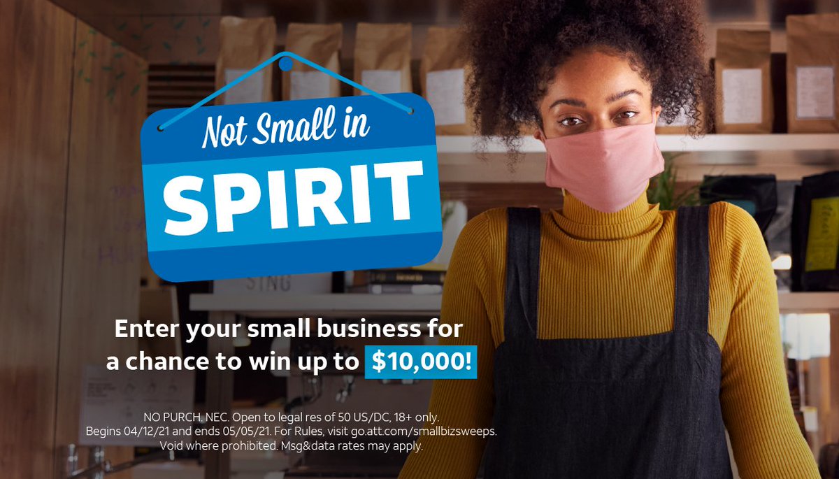 Cynthia Timmerman (@cynthiatimmerm3) on Twitter photo #Smallbusiness owners, check this out. AT&T Business is celebrating your resilience with the #NotSmallinSpirit #sweepstakes—enter your small biz for a chance to win up to $10,000. Follow <a href="/attbusiness/">AT&T Business</a> to learn how.
Official Rules: go.att.com/smallbizsweeps
#ATTEmployee #Smallbusiness owners, check this out. AT&T Business is celebrating your resilience with the #NotSmallinSpirit #sweepstakes—enter your small biz for a chance to win up to $10,000. Follow <a href="/attbusiness/">AT&T Business</a> to learn how.
Official Rules: go.att.com/smallbizsweeps
#ATTEmployee