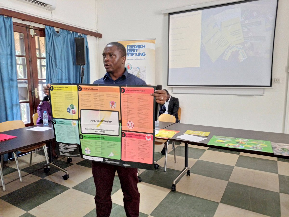 DefyhatenowWCA's tweet photo. The session was co-facilitated by Prof. Nsoh Christopher, Director of Center for Africa Peace &amp; Security; @NgalaDesmond our Country Project Manager.
Participants were introduced to #defyhatenow #SocialMedia #HateSpeechMitigation #FIELDGUIDECameroon &amp; it's use in #peacebuilding. https://t.co/SBgRHNvL3f