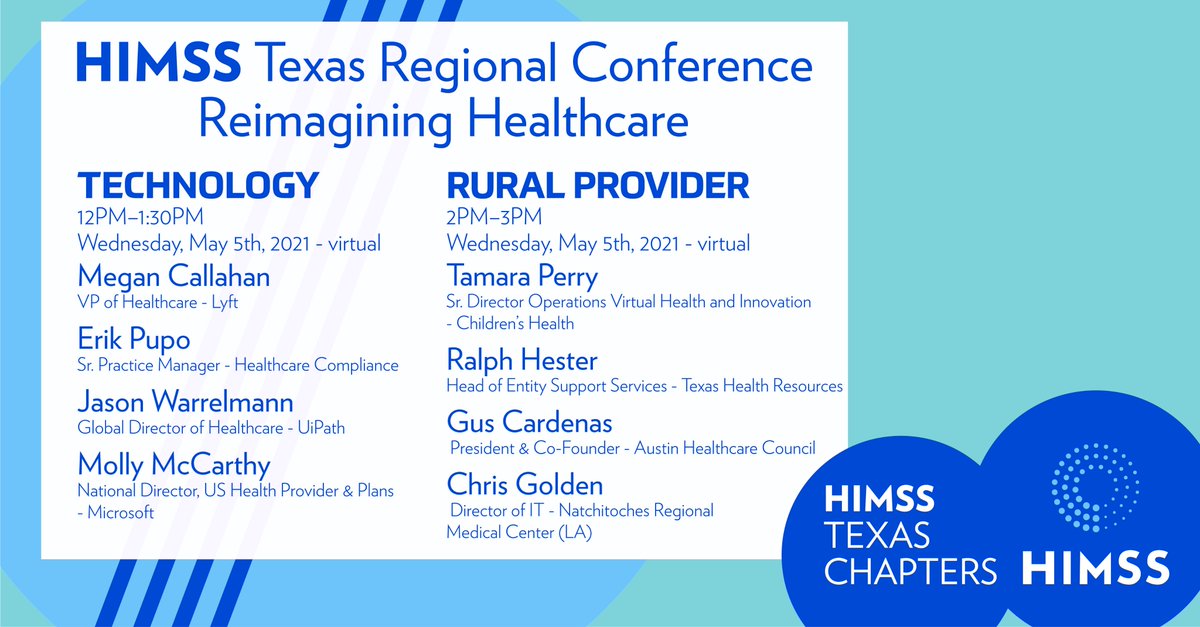 Texas Regional HIMSS (@texashimss) on Twitter photo Next week's Wowza Wednesday lineup promises to be informative and fun!
Tech giant expertise coming to you live from <a href="/lyft/">Lyft</a>, <a href="/amazonhealth/">Ricardo Kim 김창훈</a>, <a href="/UiPath/">UiPath</a> and <a href="/Microsoft/">Microsoft</a>!
Later, Rural Providers <a href="/childrens/">Children's Health</a> <a href="/texashealth/">TexasHealthResources</a>, Austin Healthcare Council and Natchitoches Regional Next week's Wowza Wednesday lineup promises to be informative and fun!
Tech giant expertise coming to you live from <a href="/lyft/">Lyft</a>, <a href="/amazonhealth/">Ricardo Kim 김창훈</a>, <a href="/UiPath/">UiPath</a> and <a href="/Microsoft/">Microsoft</a>!
Later, Rural Providers <a href="/childrens/">Children's Health</a> <a href="/texashealth/">TexasHealthResources</a>, Austin Healthcare Council and Natchitoches Regional