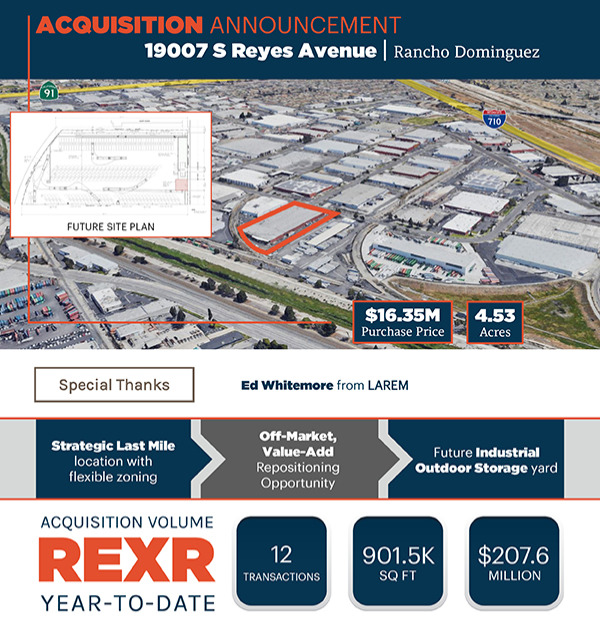 Rexford acquired 19007 S Reyes Avenue in Rancho Dominguez. Thank you to Ed Whitemore from LAREM Industrial Real Estate Specialists. 

#acquisiion #rexfordindustrial #CRE #industrial