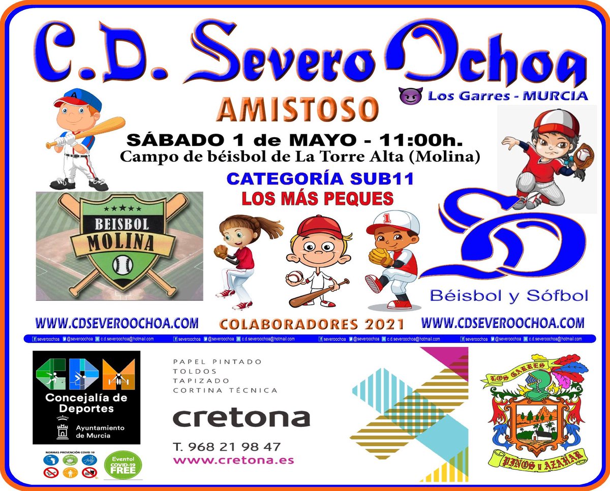 BeisbolMolina's tweet photo. BEISBOL SUB-11: Sábado 1 de mayo a las 11 h no os podéis perder el partido amistoso de iniciación entre los más pequeños de nuestro @BeisbolMolina y @cd_severoochoa en el Campo de Béisbol de La Torrealta ⚾⚾. @AytMolinaSegura @DEPORTEYSALUD4 @RMolinadeportes @RFEBS https://t.co/mDcOFdZlLh