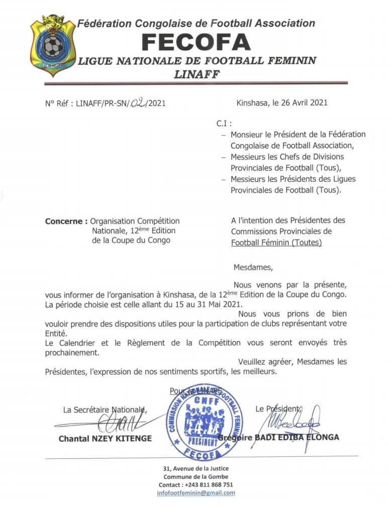 TMahagi's tweet photo. C'est désormais officielle.
La 12 ème Édition de Coupe du Congo de Football Féminin se jouera du 15 au 31 mai 2021 à Kinshasa.
La Ligue Provincale de Football Féminin de l'Ituri appelé à prendre des dispositions utiles pour que #TOSEEPELA et ITURI FC participent.@fecofa_kinshasa https://t.co/mj1mtMIsYA