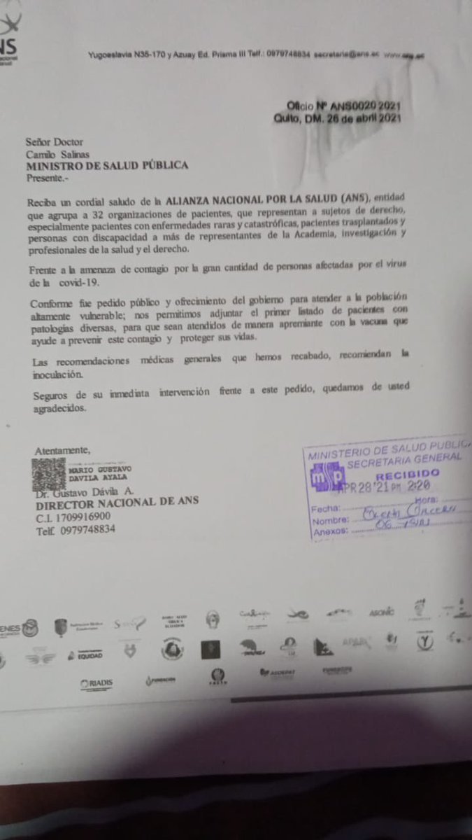 AnsSalud's tweet photo. Sr Ministro de Salud @CamiloSalinasOF @XimenaGarzon11 @Salud_Ec la #ANS presentamos el 1er listado de pacientes que requieren las vacunas. Agradecemos su atención @SaludyVidaEC1 @edicionmedEC @MarthaVeraS_21 @DuchenneEcuador @Asoniccomunica1 @jcontraelcancer https://t.co/LzpNfsAdun