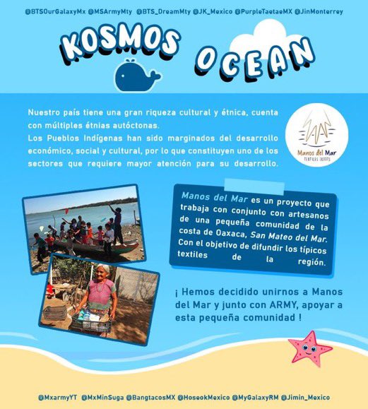HoseokMexico's tweet photo. KOSMOS OCEAN ⭐
•Proyecto 8vo aniversario: @BTS_twt

¡Ayudemos a una pequeña comunidad indígena en la costa de Oaxaca! 🇲🇽

📌 Dona desde $10MXN para armar canastas de víveres y dar talleres a los habitantes.

🏆META: $7,000 MXN 

⚠️FECHA LÍMITE: 07 JUNIO https://t.co/FkXWtcrfZy