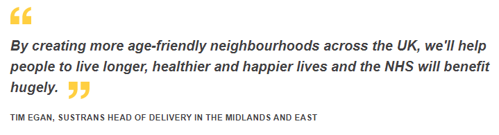 SustransWMids's tweet photo. Watch Tim, our Head of Delivery (Midlands & East) talk about our work in Birmingham which has provided clear recommendations on how to create #agefriendly neighbourhoods. A fantastic line up of speakers. Lets enable all age groups to move actively. #AgeingBetterEvents @TNLComFund https://t.co/NaAN1bK8Rd